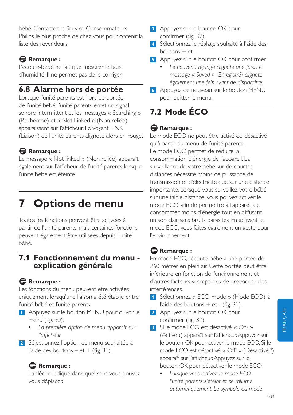 7 options de menu, 2 mode éco, 8 alarme hors de portée | 1 fonctionnement du menu - explication générale | Philips AVENT Vigilabebés DECT User Manual | Page 109 / 216