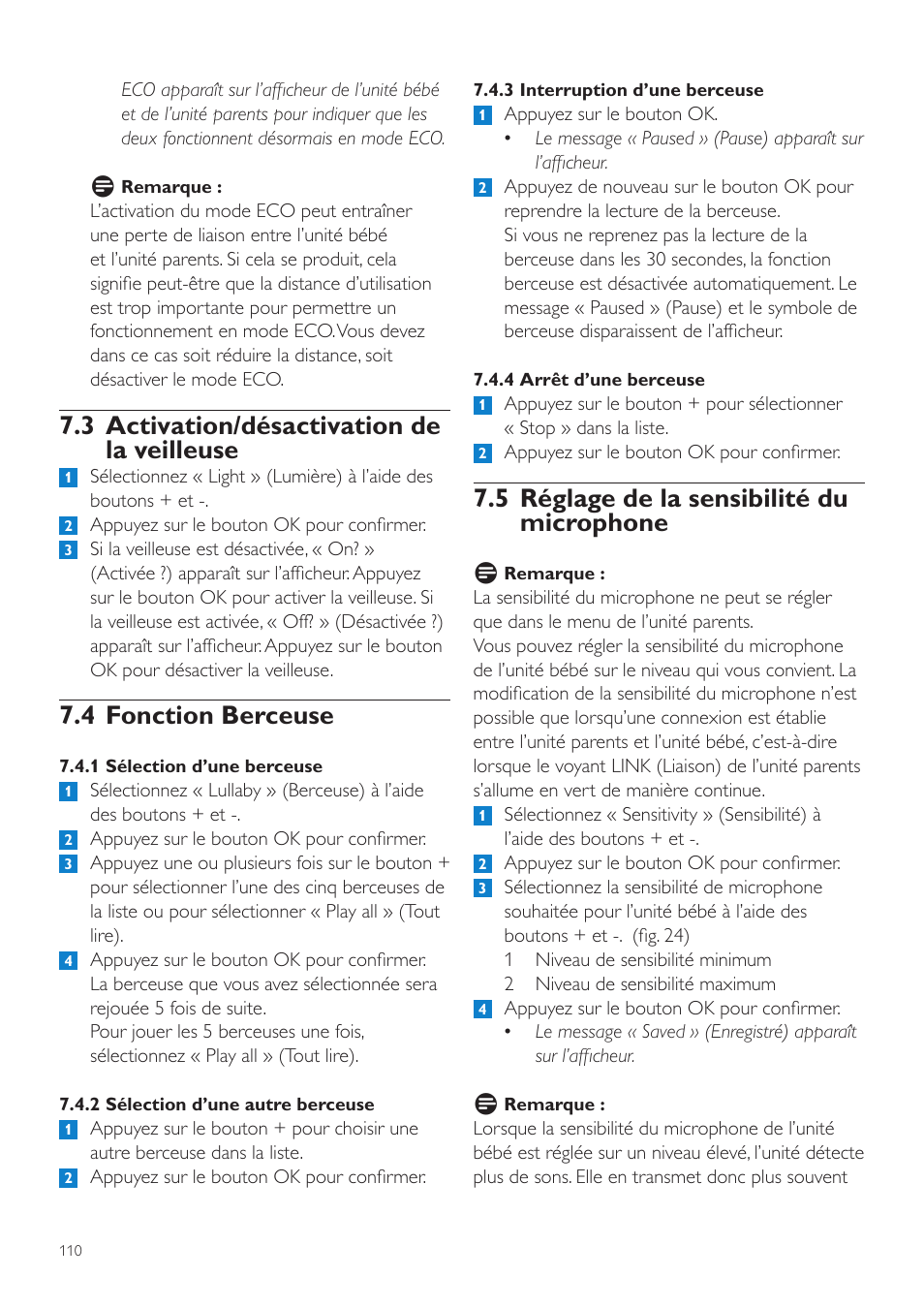 5 réglage de la sensibilité du microphone, 3 activation/désactivation de la veilleuse, 4 fonction berceuse | Philips AVENT Vigilabebés DECT User Manual | Page 110 / 216