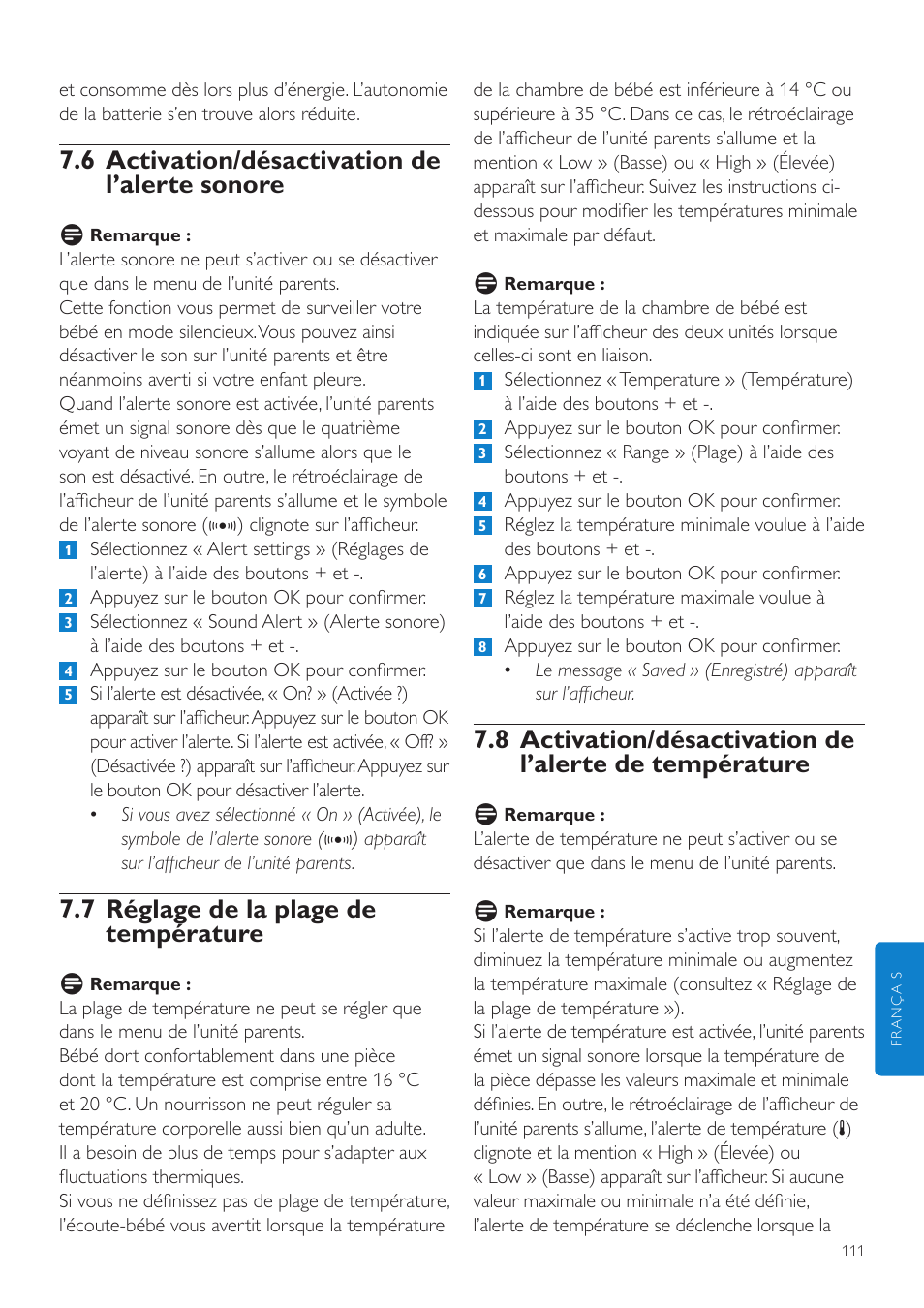 6 activation/désactivation de l’alerte sonore, 7 réglage de la plage de température | Philips AVENT Vigilabebés DECT User Manual | Page 111 / 216