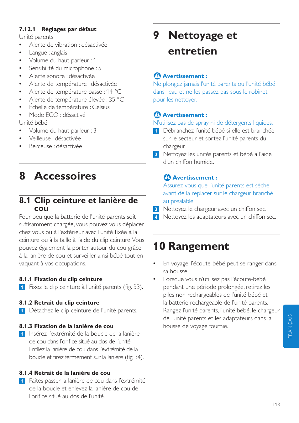 9 nettoyage et entretien, 10 rangement, 8 accessoires | 1 clip ceinture et lanière de cou | Philips AVENT Vigilabebés DECT User Manual | Page 113 / 216