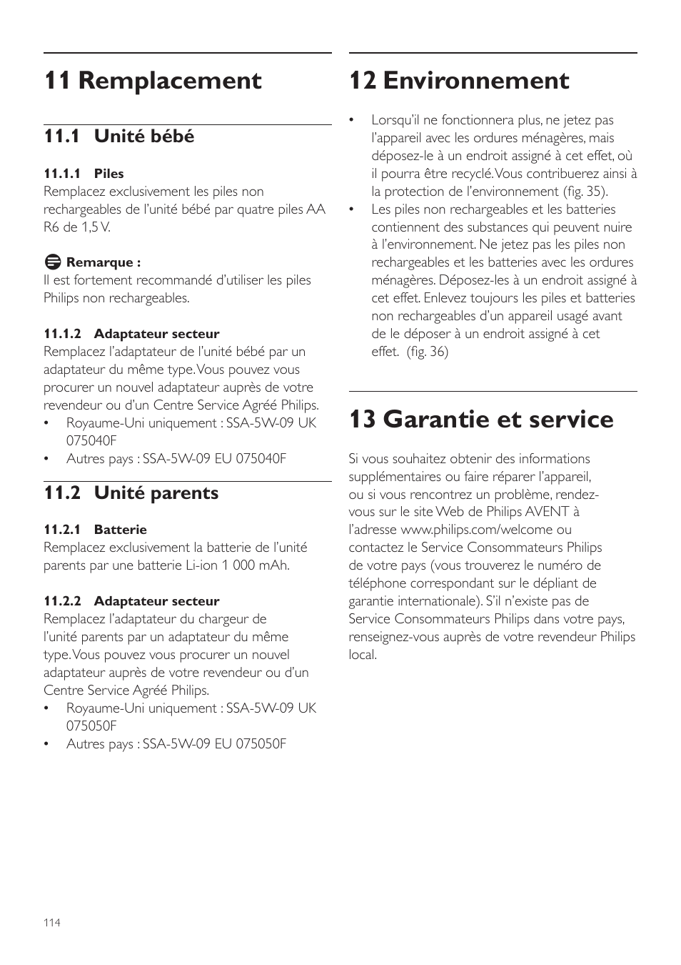 12 environnement, 13 garantie et service, 11 remplacement | 1 unité bébé, 2 unité parents | Philips AVENT Vigilabebés DECT User Manual | Page 114 / 216