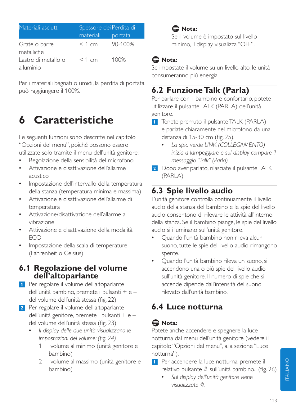 6 caratteristiche, 2 funzione talk (parla), 3 spie livello audio | 4 luce notturna, 1 regolazione del volume dell’altoparlante | Philips AVENT Vigilabebés DECT User Manual | Page 123 / 216