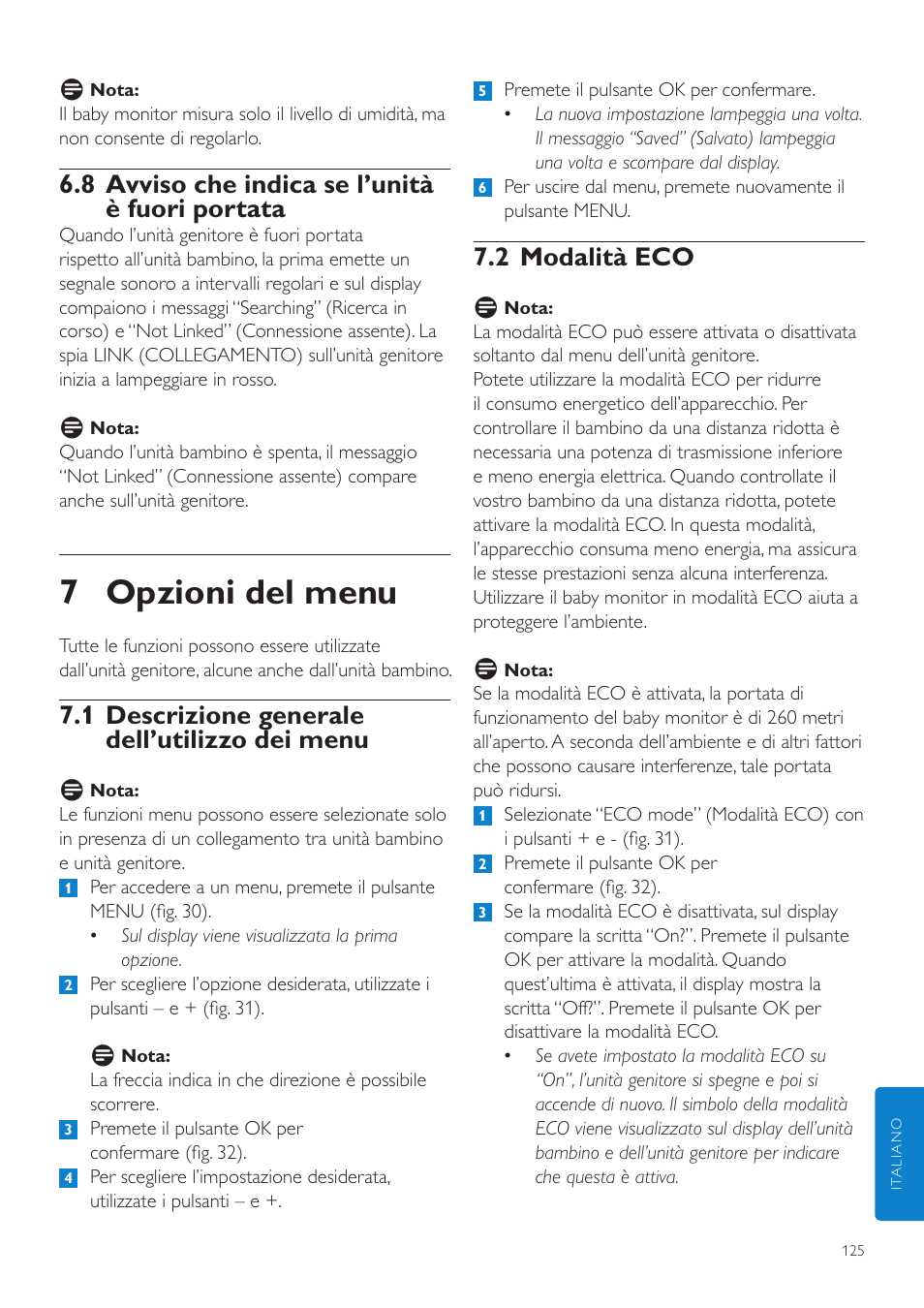 7 opzioni del menu, 2 modalità eco, 8 avviso che indica se l’unità è fuori portata | 1 descrizione generale dell’utilizzo dei menu | Philips AVENT Vigilabebés DECT User Manual | Page 125 / 216