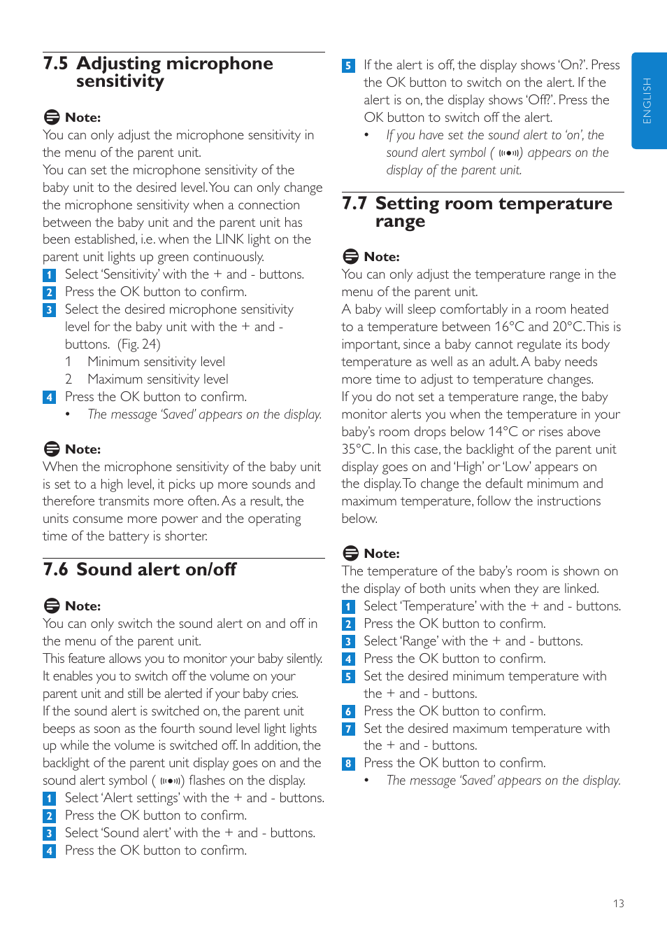 7 setting room temperature range, 5 adjusting microphone sensitivity, 6 sound alert on/off | Philips AVENT Vigilabebés DECT User Manual | Page 13 / 216