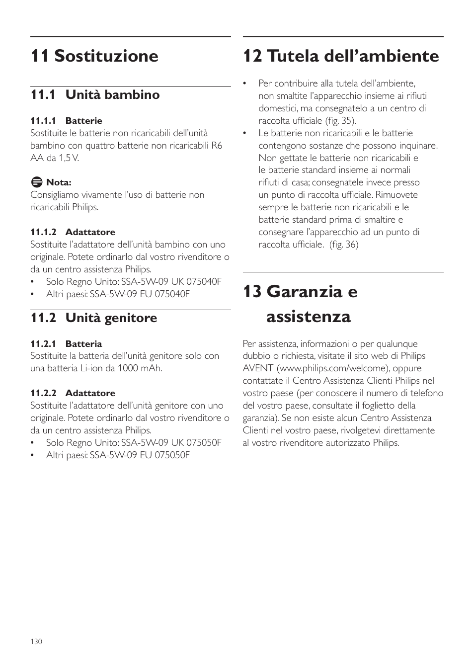 12 tutela dell’ambiente, 13 garanzia e assistenza, 11 sostituzione | 1 unità bambino, 2 unità genitore | Philips AVENT Vigilabebés DECT User Manual | Page 130 / 216