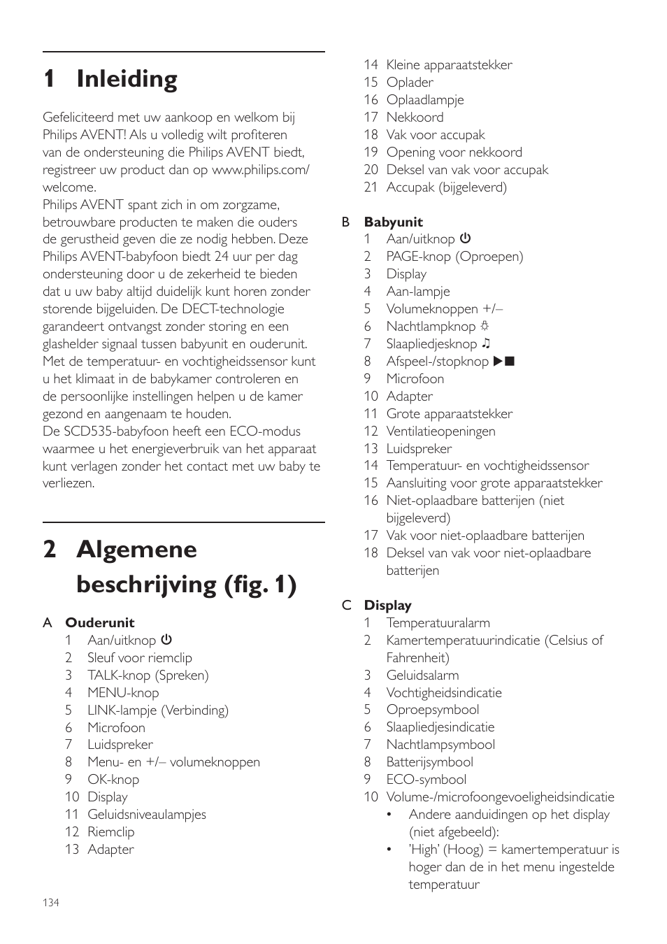 Nederlands, Gebruiksaanwijzing, 1 inleiding | 2 algemene beschrijving (fig. 1) | Philips AVENT Vigilabebés DECT User Manual | Page 134 / 216