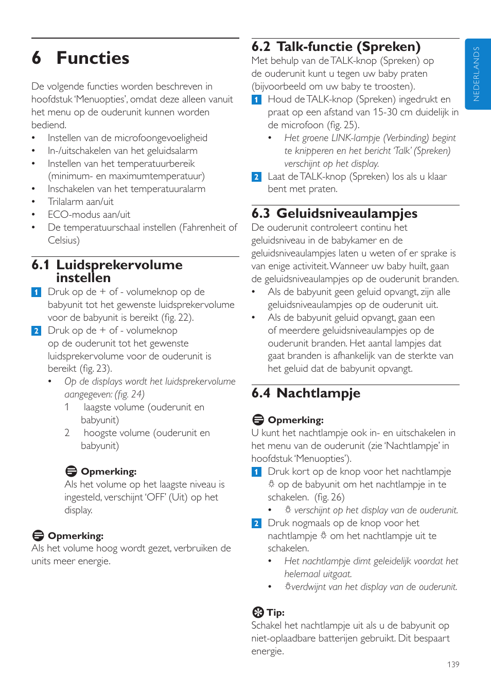 6 functies, 2 talk-functie (spreken), 3 geluidsniveaulampjes | 4 nachtlampje, 1 luidsprekervolume instellen | Philips AVENT Vigilabebés DECT User Manual | Page 139 / 216