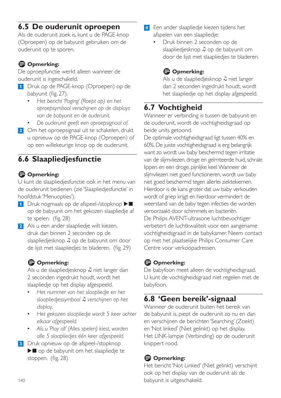 7 vochtigheid, 8 ‘geen bereik’-signaal, 5 de ouderunit oproepen | 6 slaapliedjesfunctie | Philips AVENT Vigilabebés DECT User Manual | Page 140 / 216