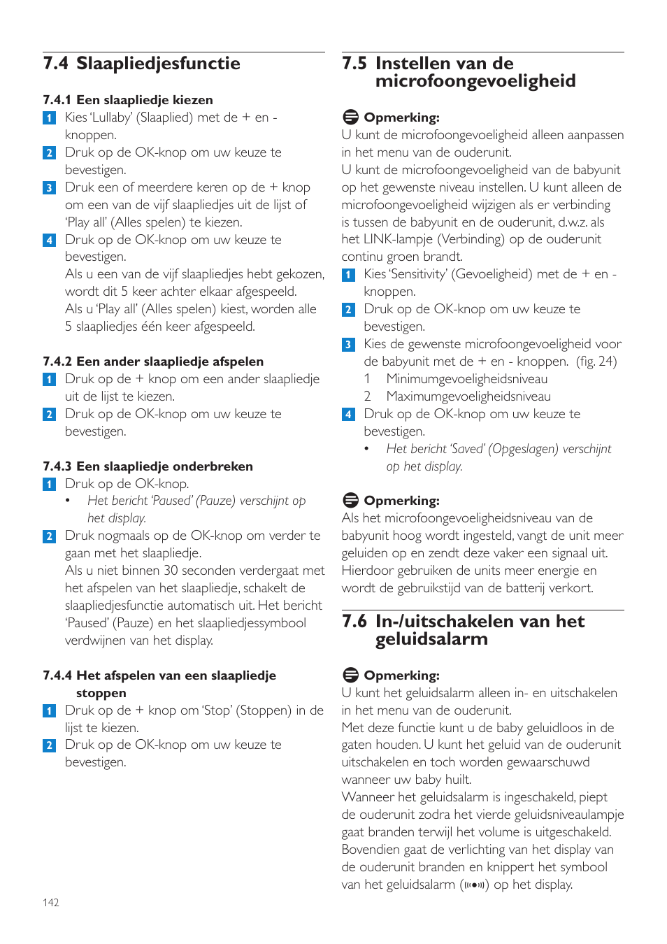 5 instellen van de microfoongevoeligheid, 6 in-/uitschakelen van het geluidsalarm, 4 slaapliedjesfunctie | Philips AVENT Vigilabebés DECT User Manual | Page 142 / 216
