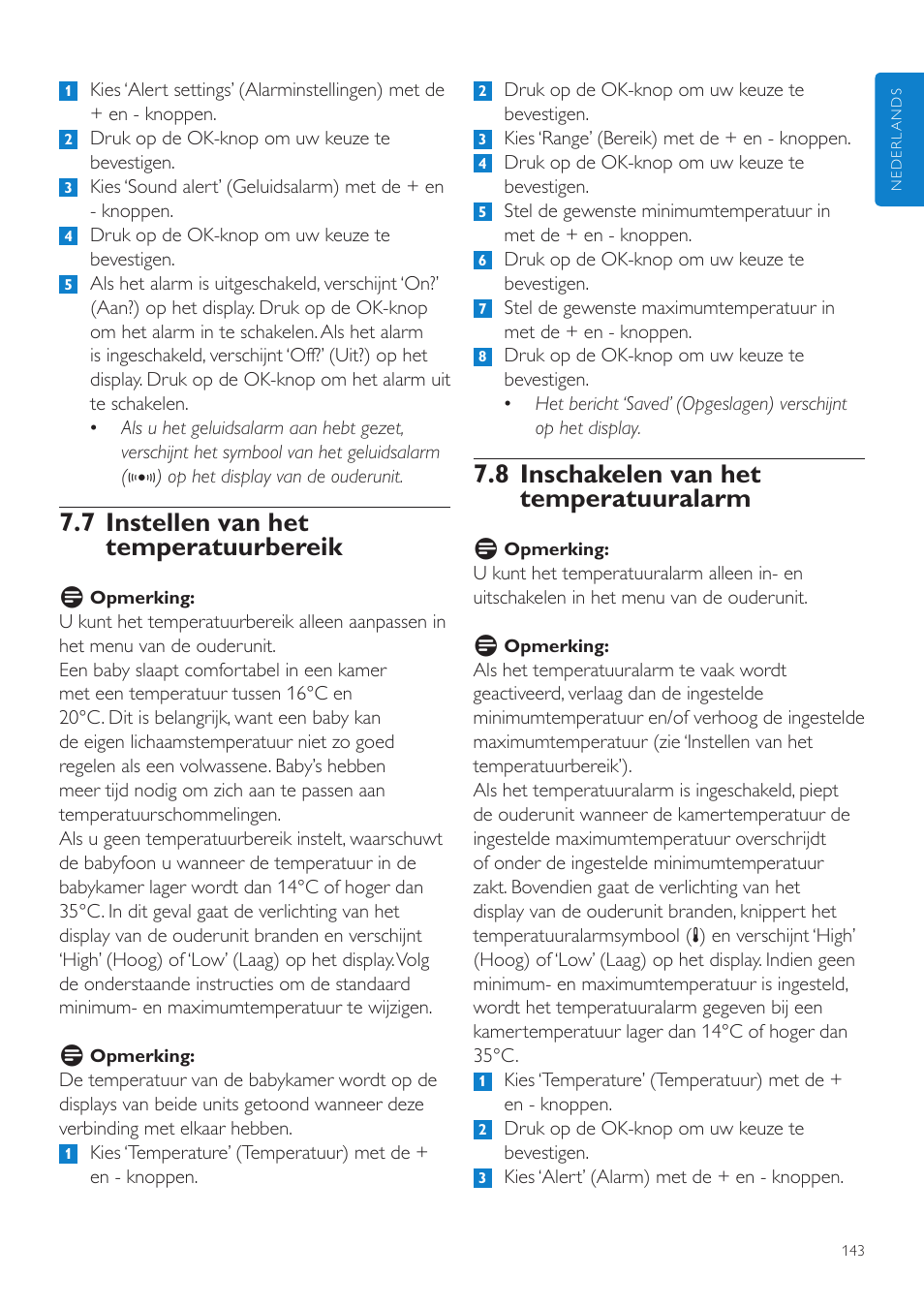 8 inschakelen van het temperatuuralarm, 7 instellen van het temperatuurbereik | Philips AVENT Vigilabebés DECT User Manual | Page 143 / 216