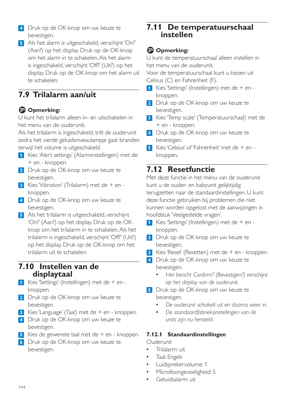 11 de temperatuurschaal instellen, 12 resetfunctie, 9 trilalarm aan/uit | 10 instellen van de displaytaal | Philips AVENT Vigilabebés DECT User Manual | Page 144 / 216