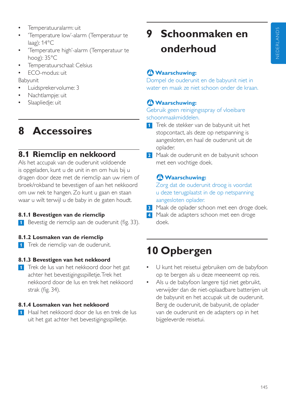 9 schoonmaken en onderhoud, 10 opbergen, 8 accessoires | 1 riemclip en nekkoord | Philips AVENT Vigilabebés DECT User Manual | Page 145 / 216