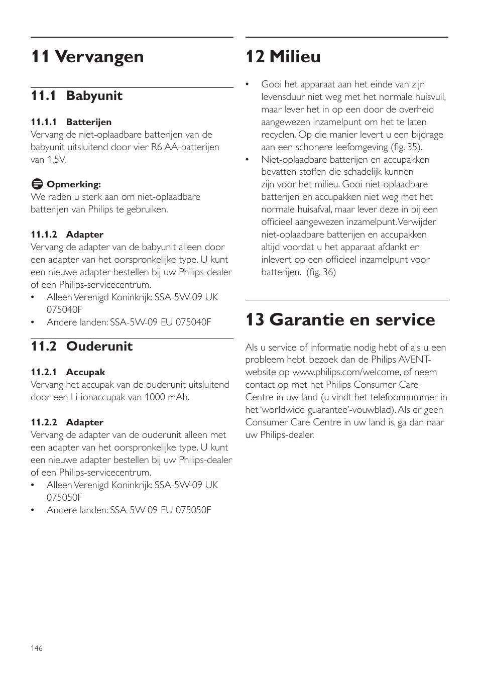 12 milieu, 13 garantie en service, 11 vervangen | 1 babyunit, 2 ouderunit | Philips AVENT Vigilabebés DECT User Manual | Page 146 / 216