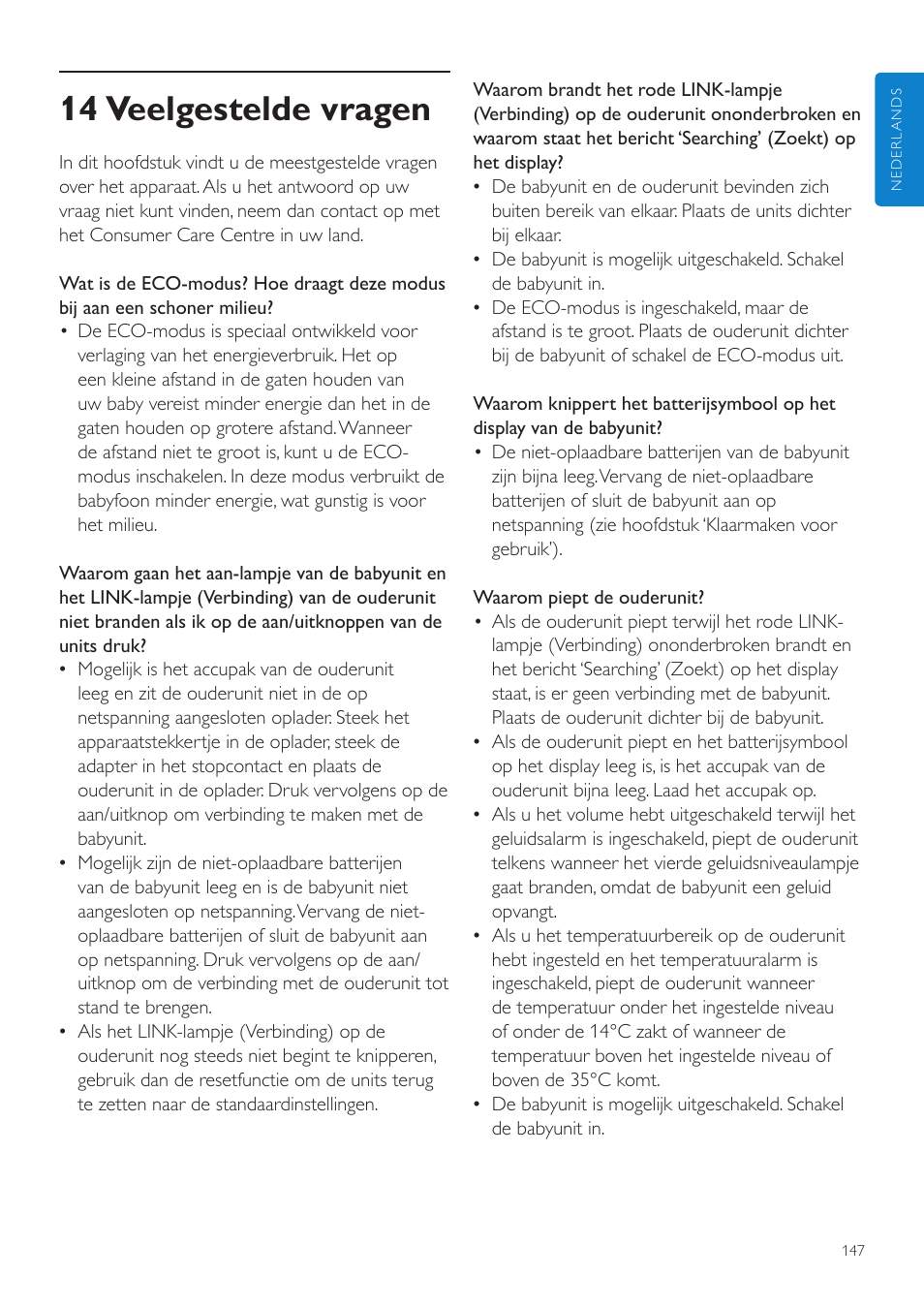 14 veelgestelde vragen | Philips AVENT Vigilabebés DECT User Manual | Page 147 / 216