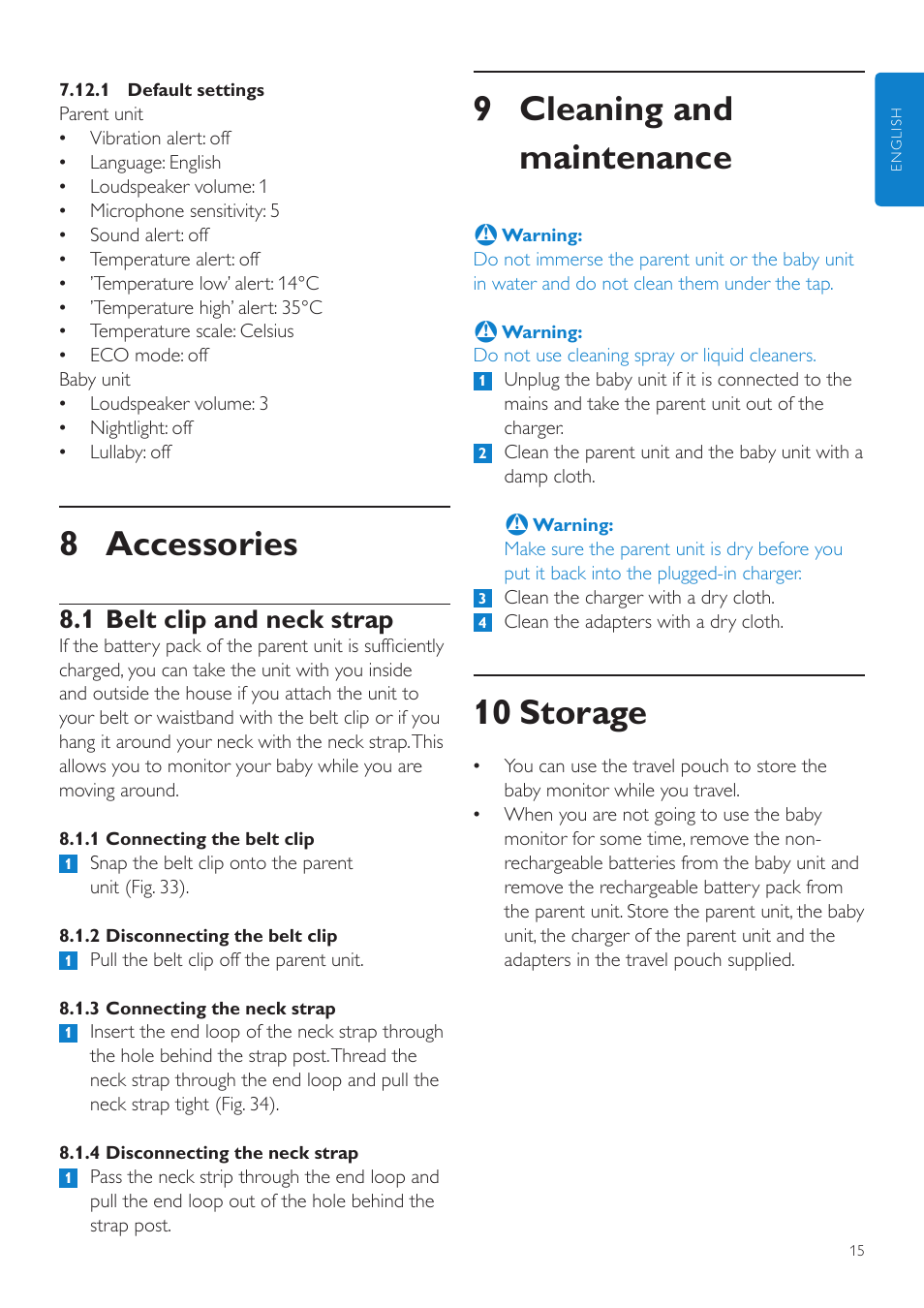 9 cleaning and maintenance, 10 storage, 8 accessories | 1 belt clip and neck strap | Philips AVENT Vigilabebés DECT User Manual | Page 15 / 216
