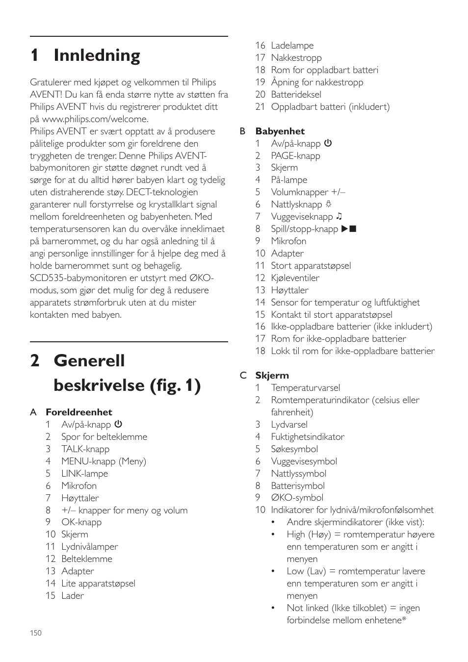 Norsk, Brukerhåndbok, 1 innledning | 2 generell beskrivelse (fig. 1) | Philips AVENT Vigilabebés DECT User Manual | Page 150 / 216