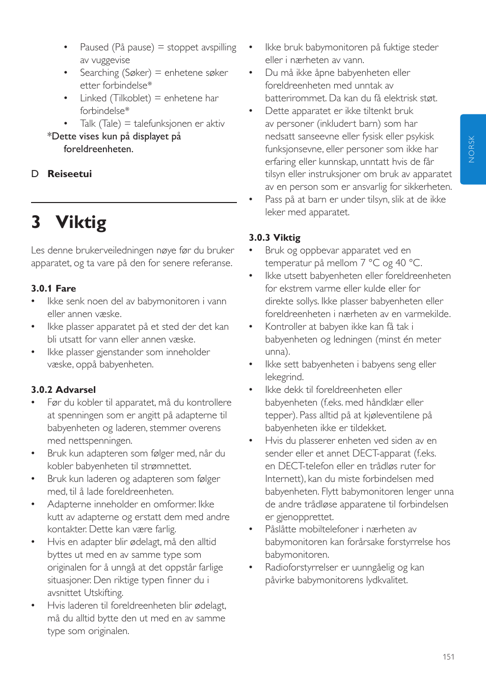 3 viktig | Philips AVENT Vigilabebés DECT User Manual | Page 151 / 216