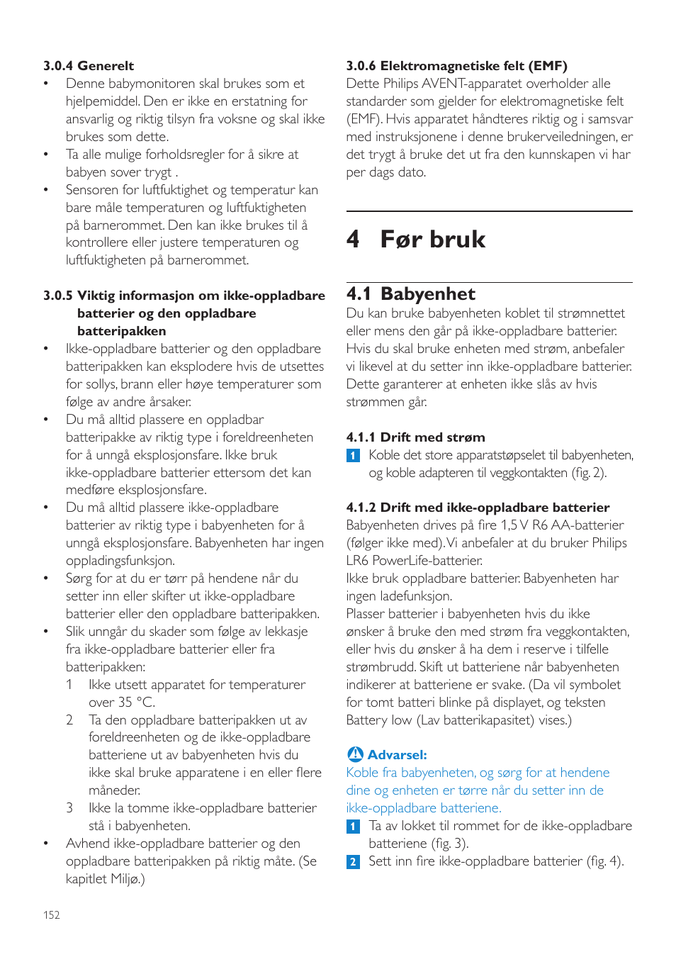 4 før bruk, 1 babyenhet | Philips AVENT Vigilabebés DECT User Manual | Page 152 / 216