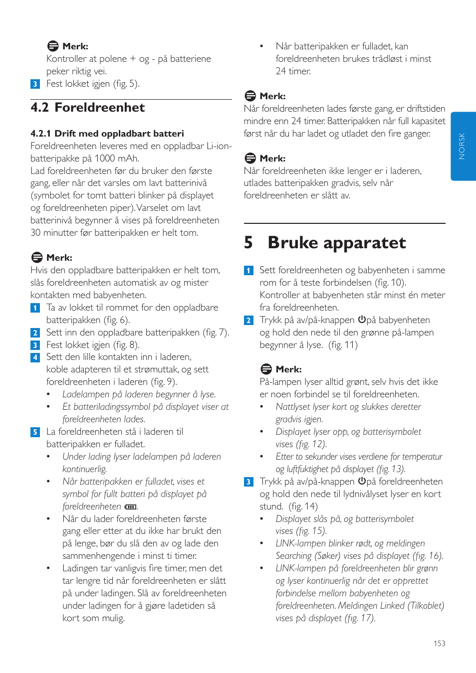 5 bruke apparatet, 2 foreldreenhet | Philips AVENT Vigilabebés DECT User Manual | Page 153 / 216
