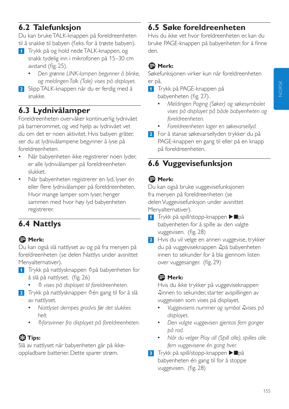 5 søke foreldreenheten, 6 vuggevisefunksjon, 2 talefunksjon | 3 lydnivålamper, 4 nattlys | Philips AVENT Vigilabebés DECT User Manual | Page 155 / 216