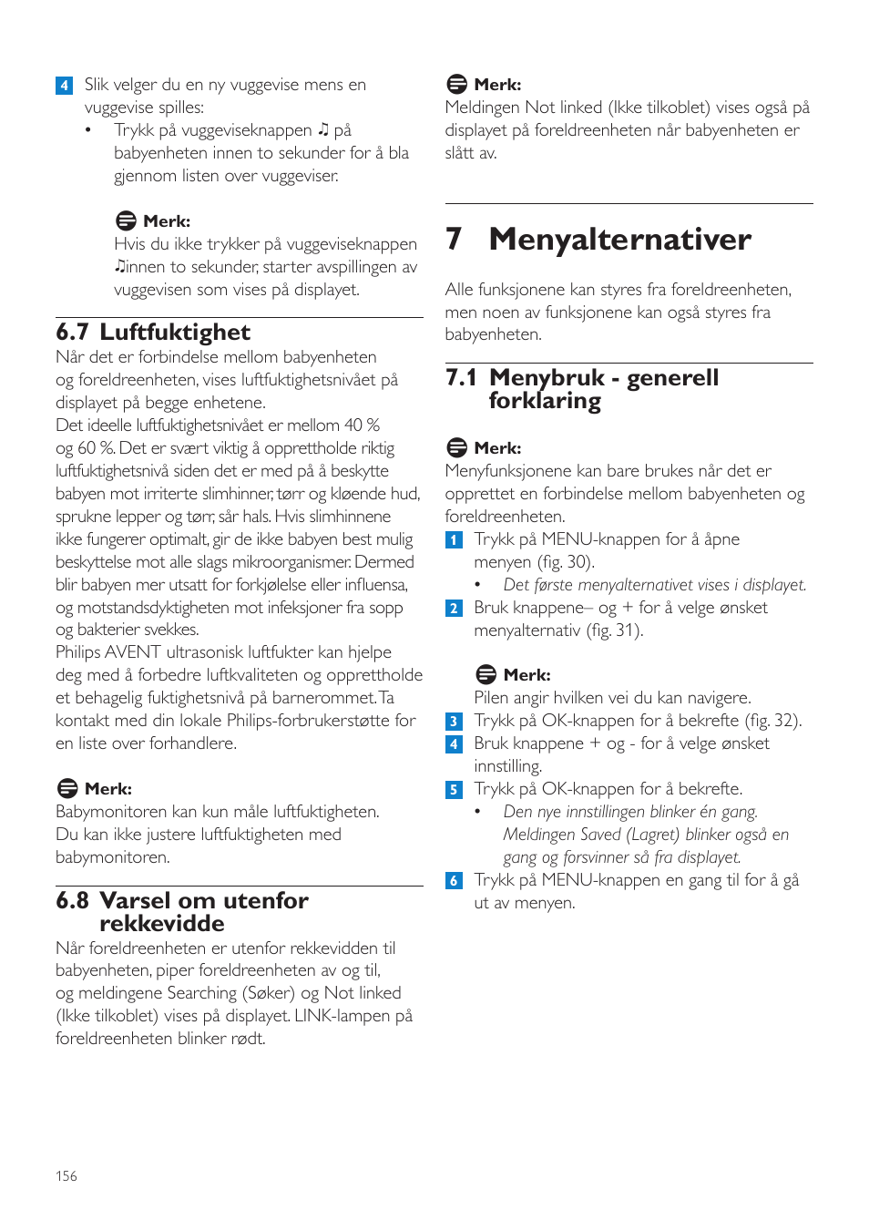 7 menyalternativer, 1 menybruk - generell forklaring, 7 luftfuktighet | 8 varsel om utenfor rekkevidde | Philips AVENT Vigilabebés DECT User Manual | Page 156 / 216