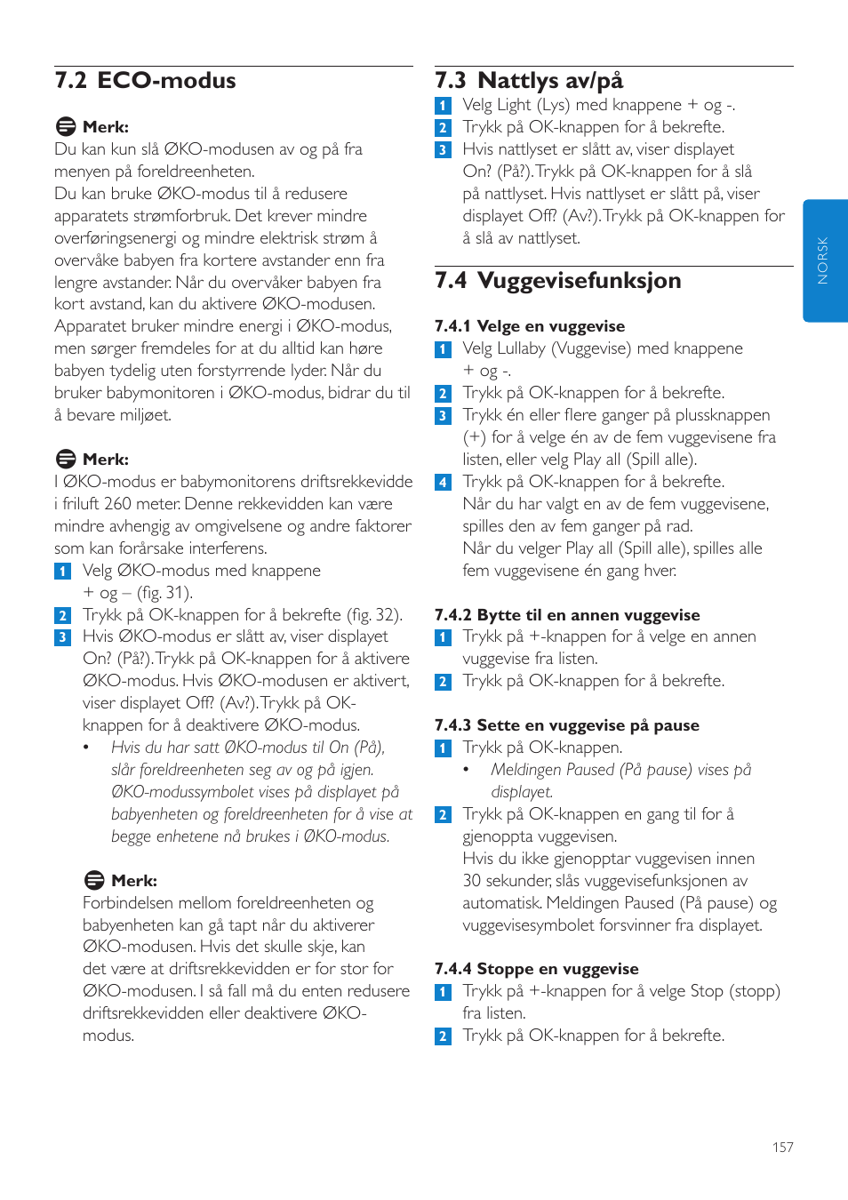 3 nattlys av/på, 4 vuggevisefunksjon, 2 eco-modus | Philips AVENT Vigilabebés DECT User Manual | Page 157 / 216
