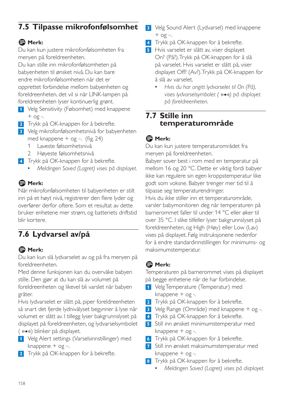 7 stille inn temperaturområde, 5 tilpasse mikrofonfølsomhet, 6 lydvarsel av/på | Philips AVENT Vigilabebés DECT User Manual | Page 158 / 216