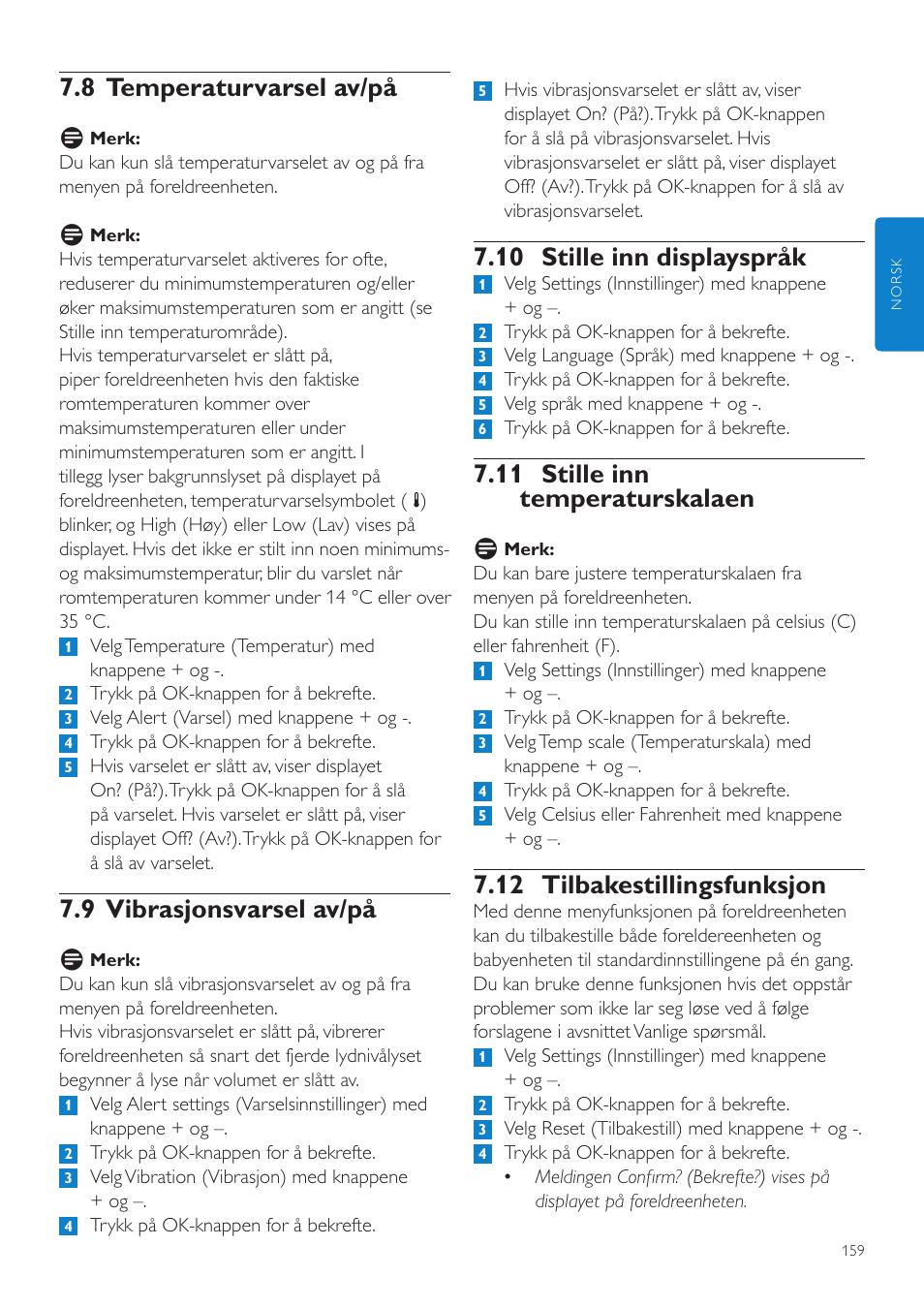 10 stille inn displayspråk, 11 stille inn temperaturskalaen, 12 tilbakestillingsfunksjon | 8 temperaturvarsel av/på, 9 vibrasjonsvarsel av/på | Philips AVENT Vigilabebés DECT User Manual | Page 159 / 216