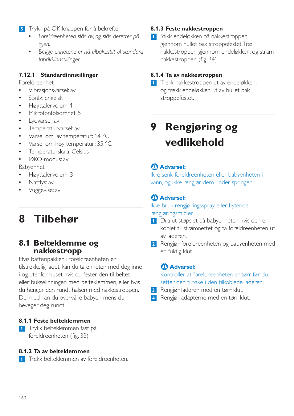 9 rengjøring og vedlikehold, 8 tilbehør, 1 belteklemme og nakkestropp | Philips AVENT Vigilabebés DECT User Manual | Page 160 / 216