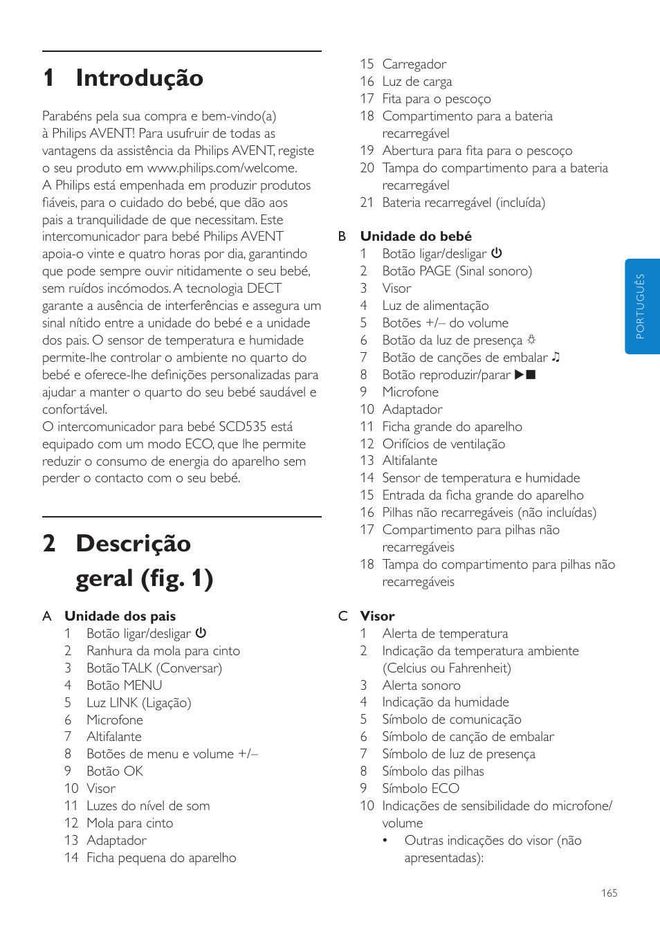 Português, Manual do utilizador, 1 introdução | 2 descrição geral (fig. 1) | Philips AVENT Vigilabebés DECT User Manual | Page 165 / 216