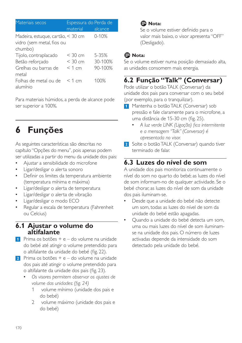6 funções, 2 função “talk” (conversar), 3 luzes do nível de som | 1 ajustar o volume do altifalante | Philips AVENT Vigilabebés DECT User Manual | Page 170 / 216