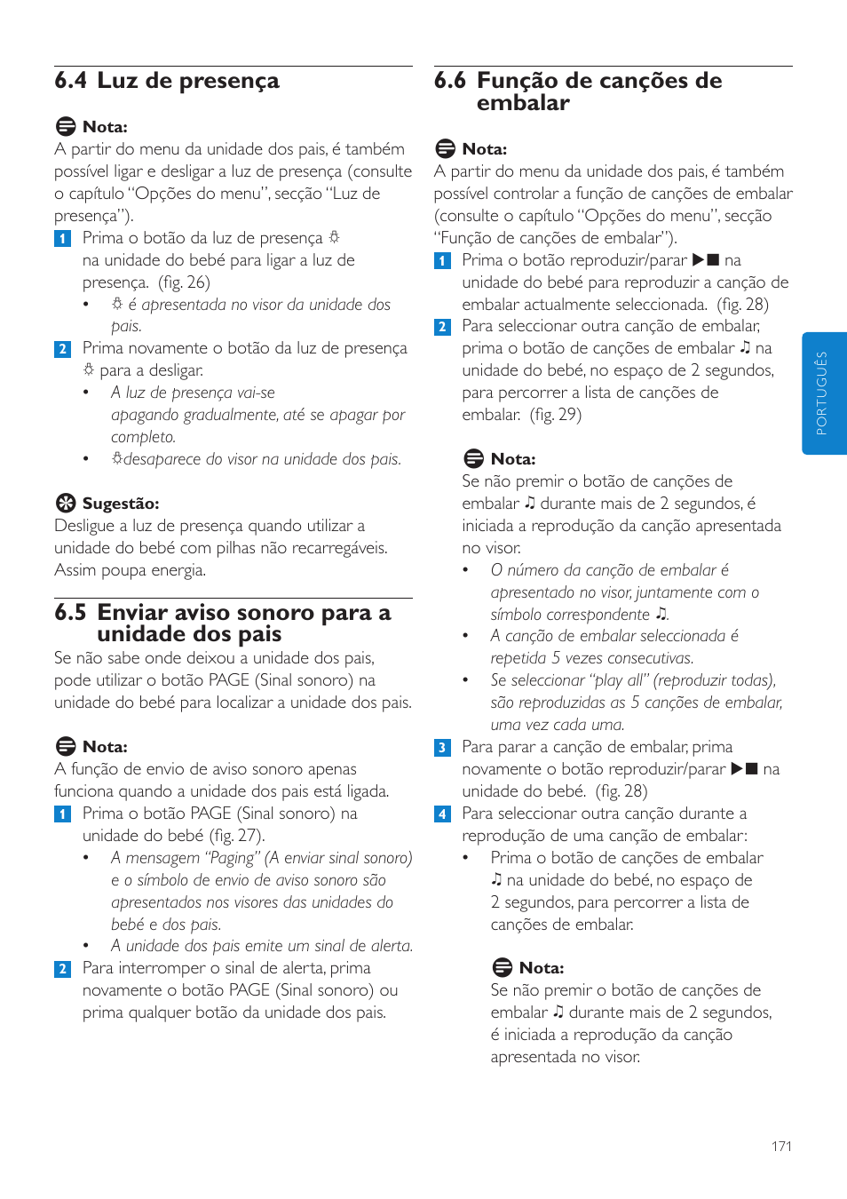 6 função de canções de embalar, 4 luz de presença, 5 enviar aviso sonoro para a unidade dos pais | Philips AVENT Vigilabebés DECT User Manual | Page 171 / 216