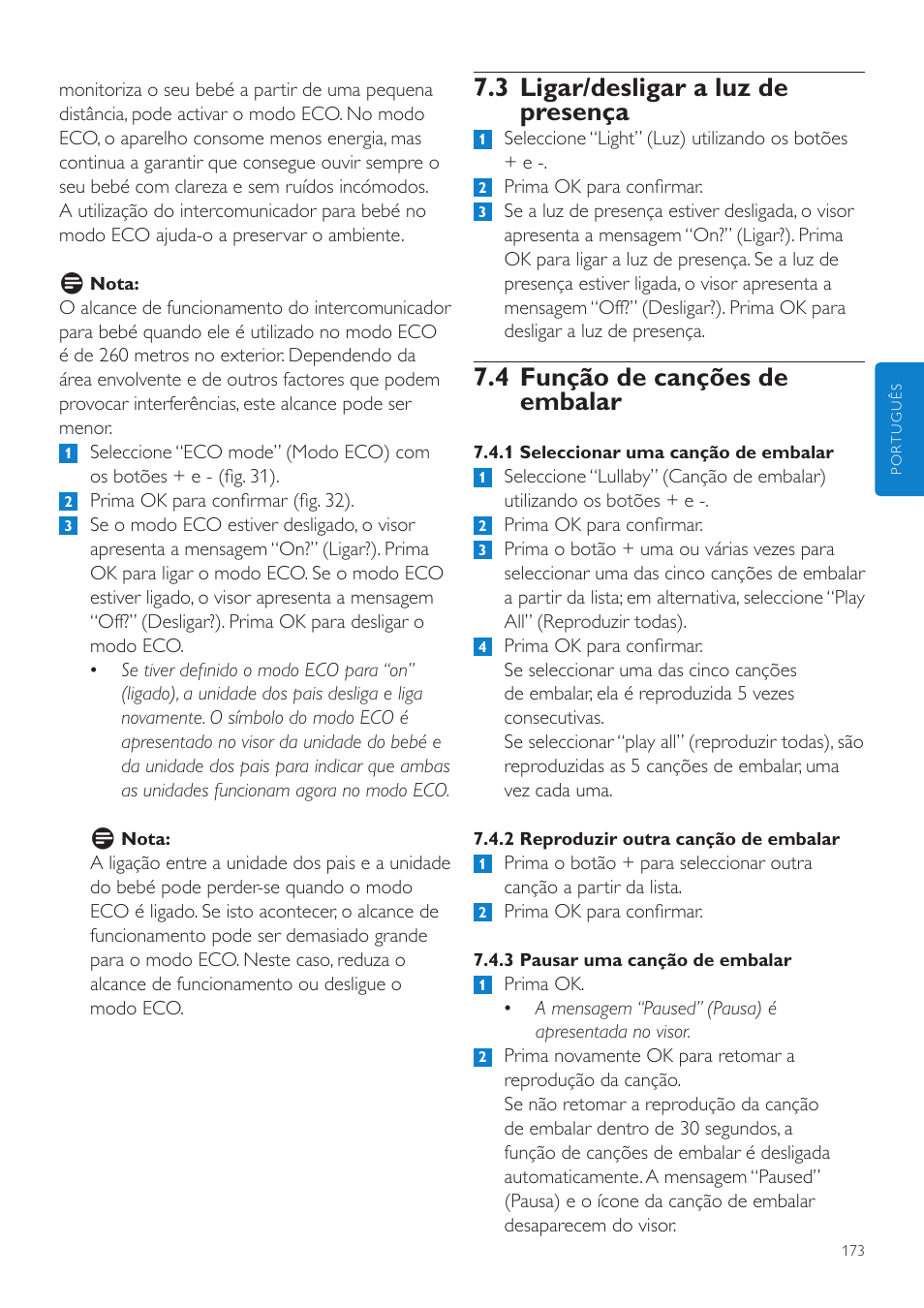 3 ligar/desligar a luz de presença, 4 função de canções de embalar | Philips AVENT Vigilabebés DECT User Manual | Page 173 / 216