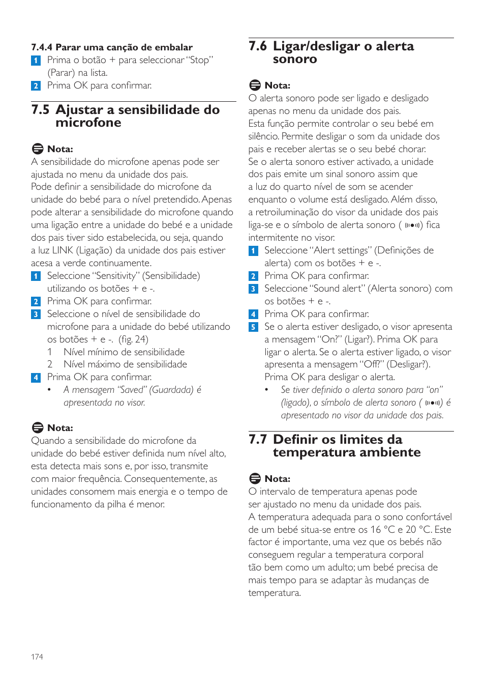 6 ligar/desligar o alerta sonoro, 7 definir os limites da temperatura ambiente, 5 ajustar a sensibilidade do microfone | Philips AVENT Vigilabebés DECT User Manual | Page 174 / 216