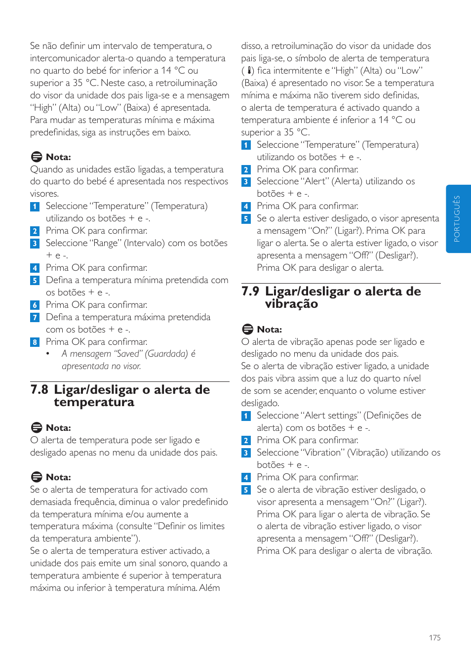 9 ligar/desligar o alerta de vibração, 8 ligar/desligar o alerta de temperatura | Philips AVENT Vigilabebés DECT User Manual | Page 175 / 216