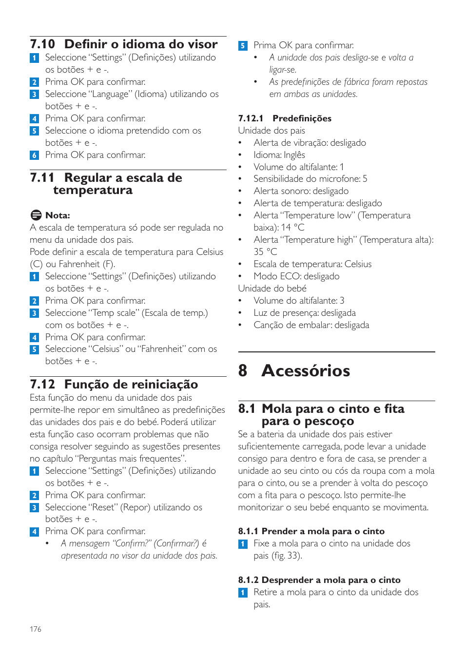 8 acessórios, 1 mola para o cinto e fita para o pescoço, 10 definir o idioma do visor | 11 regular a escala de temperatura, 12 função de reiniciação | Philips AVENT Vigilabebés DECT User Manual | Page 176 / 216