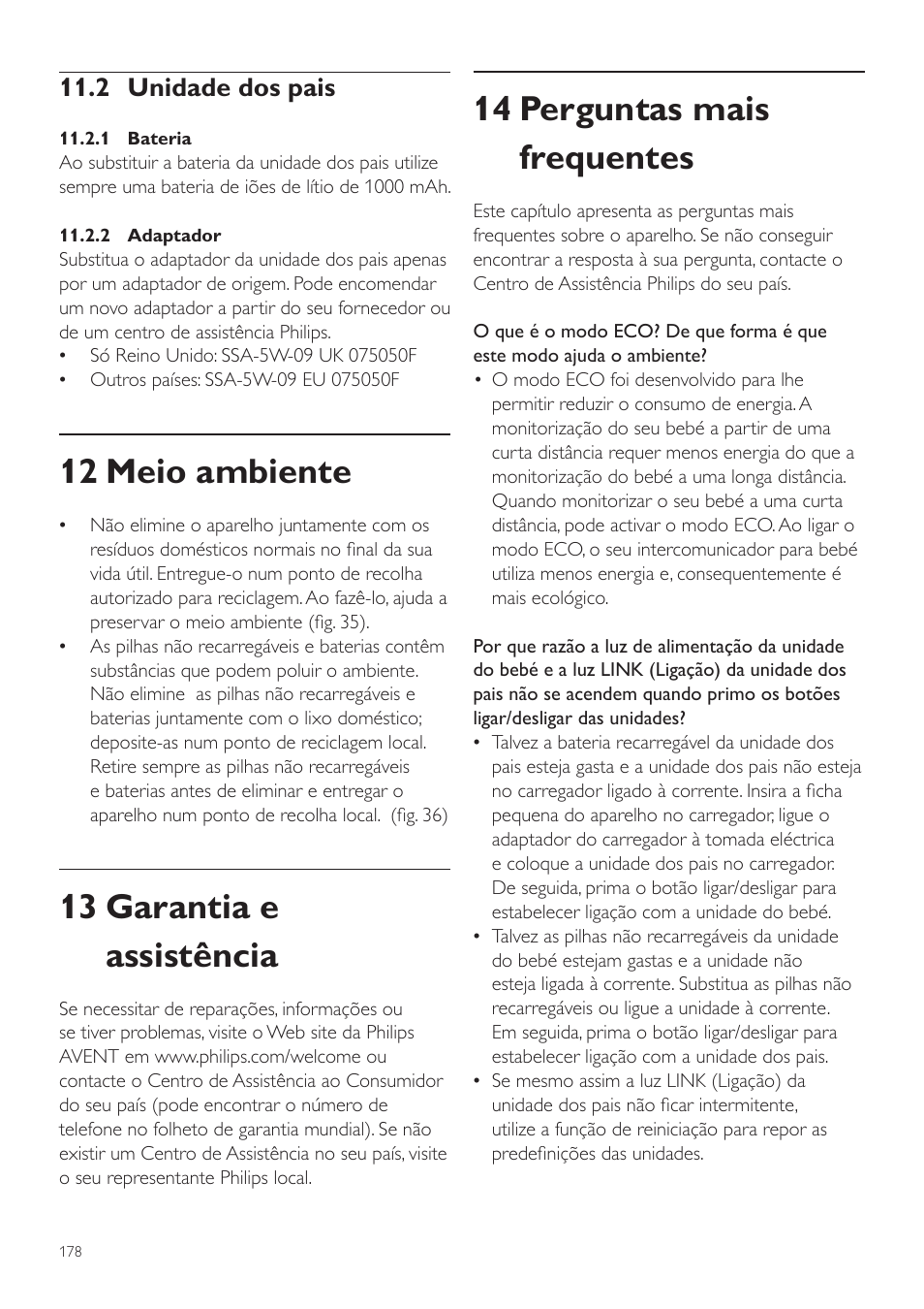 14 perguntas mais frequentes, 12 meio ambiente, 13 garantia e assistência | 2 unidade dos pais | Philips AVENT Vigilabebés DECT User Manual | Page 178 / 216