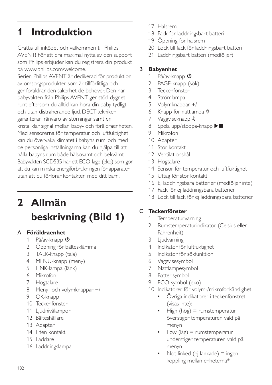 Svenska, Användarhandbok, 1 introduktion | 2 allmän beskrivning (bild 1) | Philips AVENT Vigilabebés DECT User Manual | Page 182 / 216