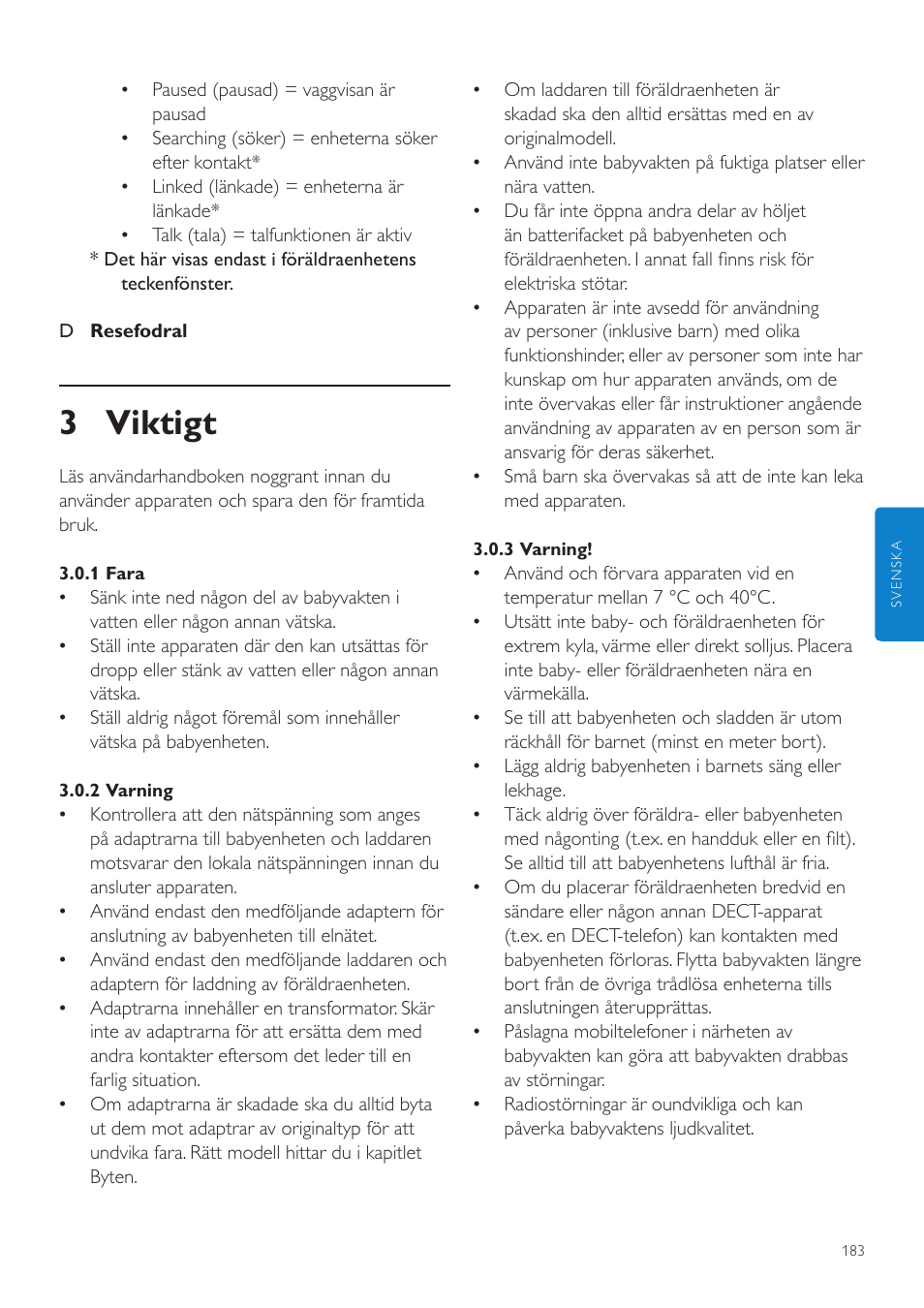 3 viktigt | Philips AVENT Vigilabebés DECT User Manual | Page 183 / 216