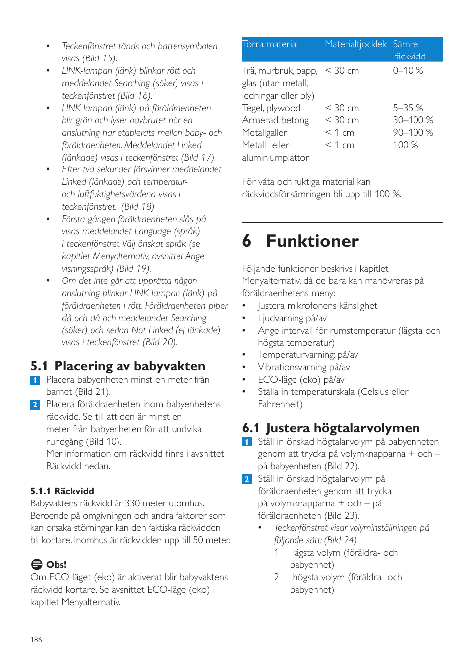 6 funktioner, 1 justera högtalarvolymen, 1 placering av babyvakten | Philips AVENT Vigilabebés DECT User Manual | Page 186 / 216