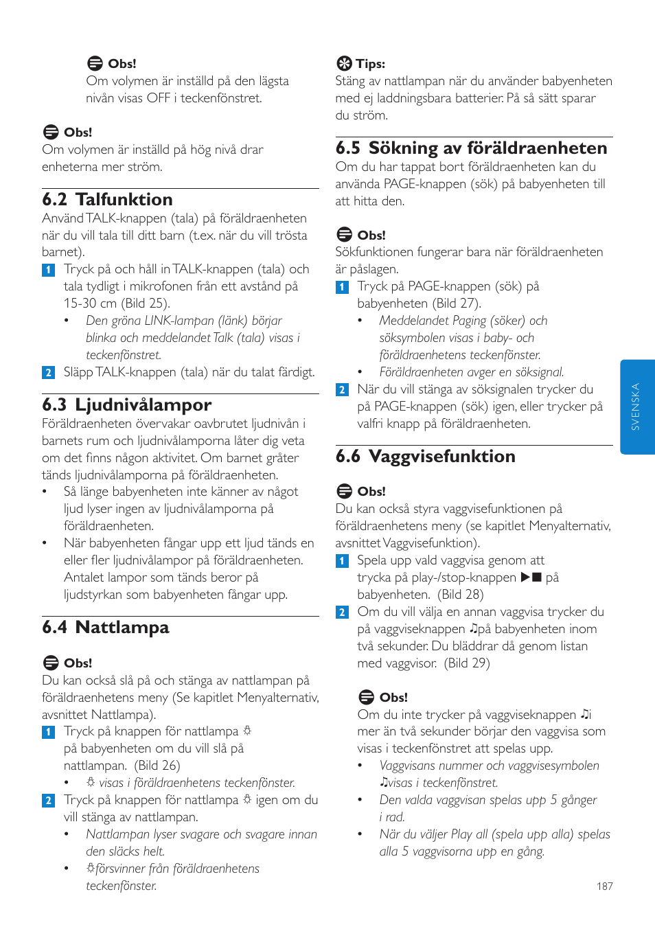 5 sökning av föräldraenheten, 6 vaggvisefunktion, 2 talfunktion | 3 ljudnivålampor, 4 nattlampa | Philips AVENT Vigilabebés DECT User Manual | Page 187 / 216