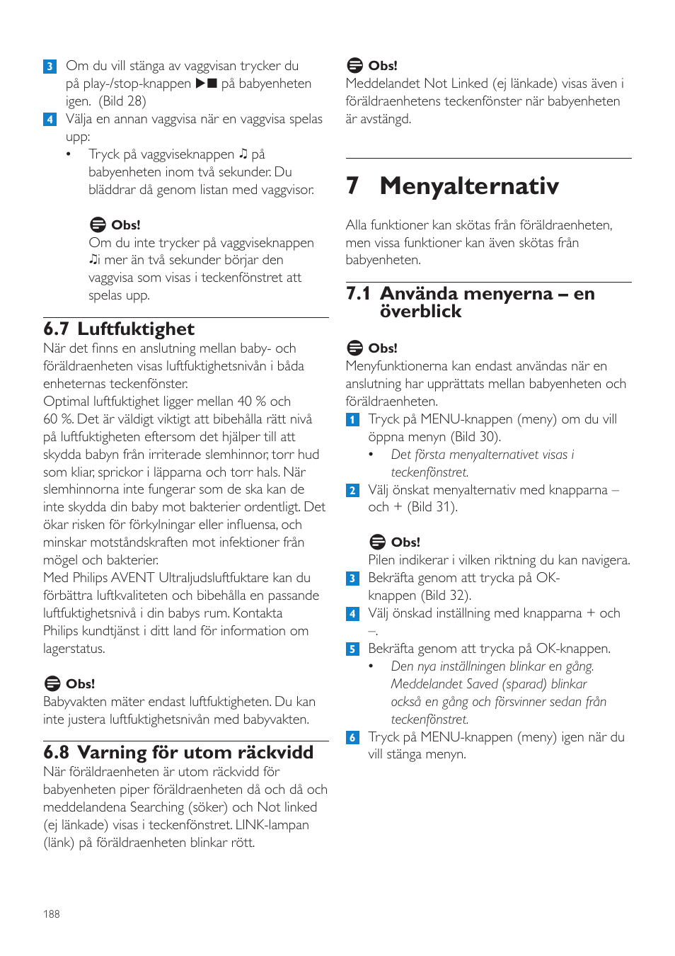 7 menyalternativ, 1 använda menyerna – en överblick, 7 luftfuktighet | 8 varning för utom räckvidd | Philips AVENT Vigilabebés DECT User Manual | Page 188 / 216