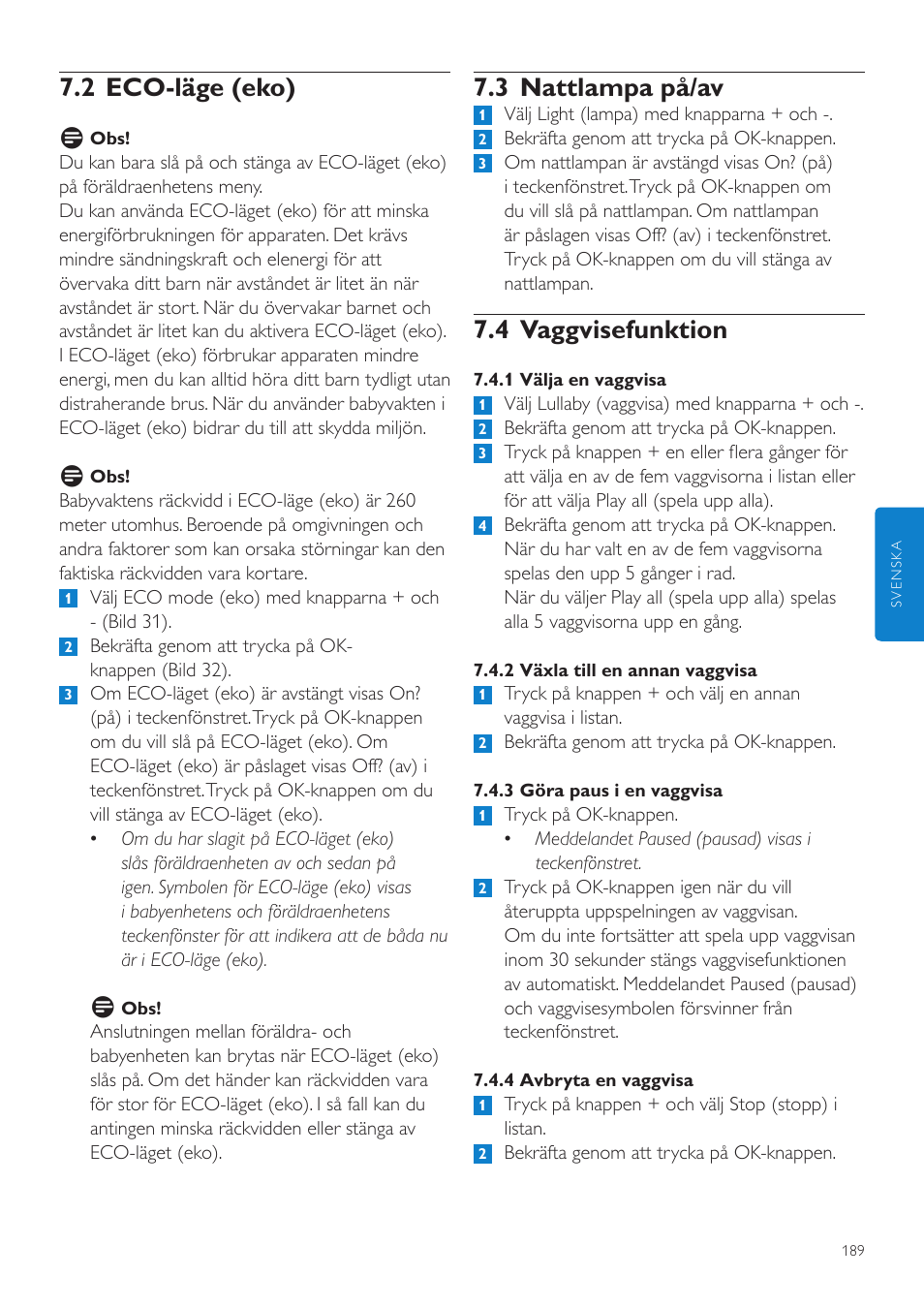 3 nattlampa på/av, 4 vaggvisefunktion, 2 eco-läge (eko) | Philips AVENT Vigilabebés DECT User Manual | Page 189 / 216