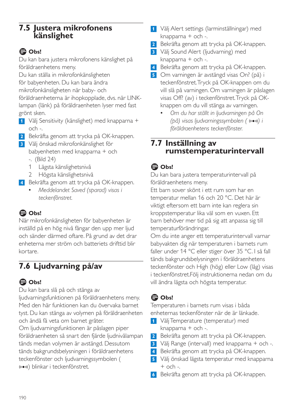 7 inställning av rumstemperaturintervall, 5 justera mikrofonens känslighet, 6 ljudvarning på/av | Philips AVENT Vigilabebés DECT User Manual | Page 190 / 216