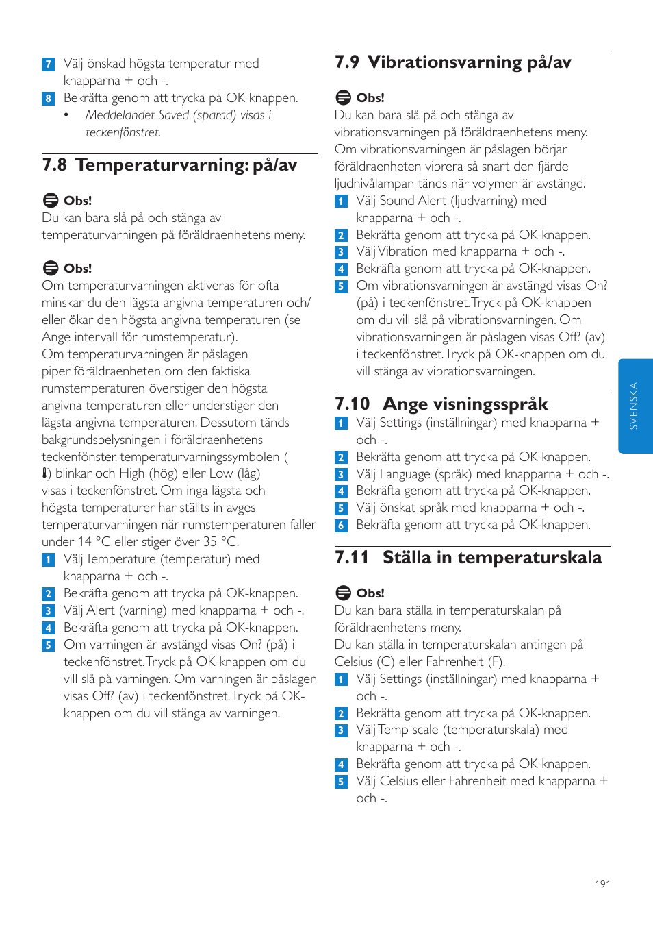 9 vibrationsvarning på/av, 10 ange visningsspråk, 11 ställa in temperaturskala | 8 temperaturvarning: på/av | Philips AVENT Vigilabebés DECT User Manual | Page 191 / 216