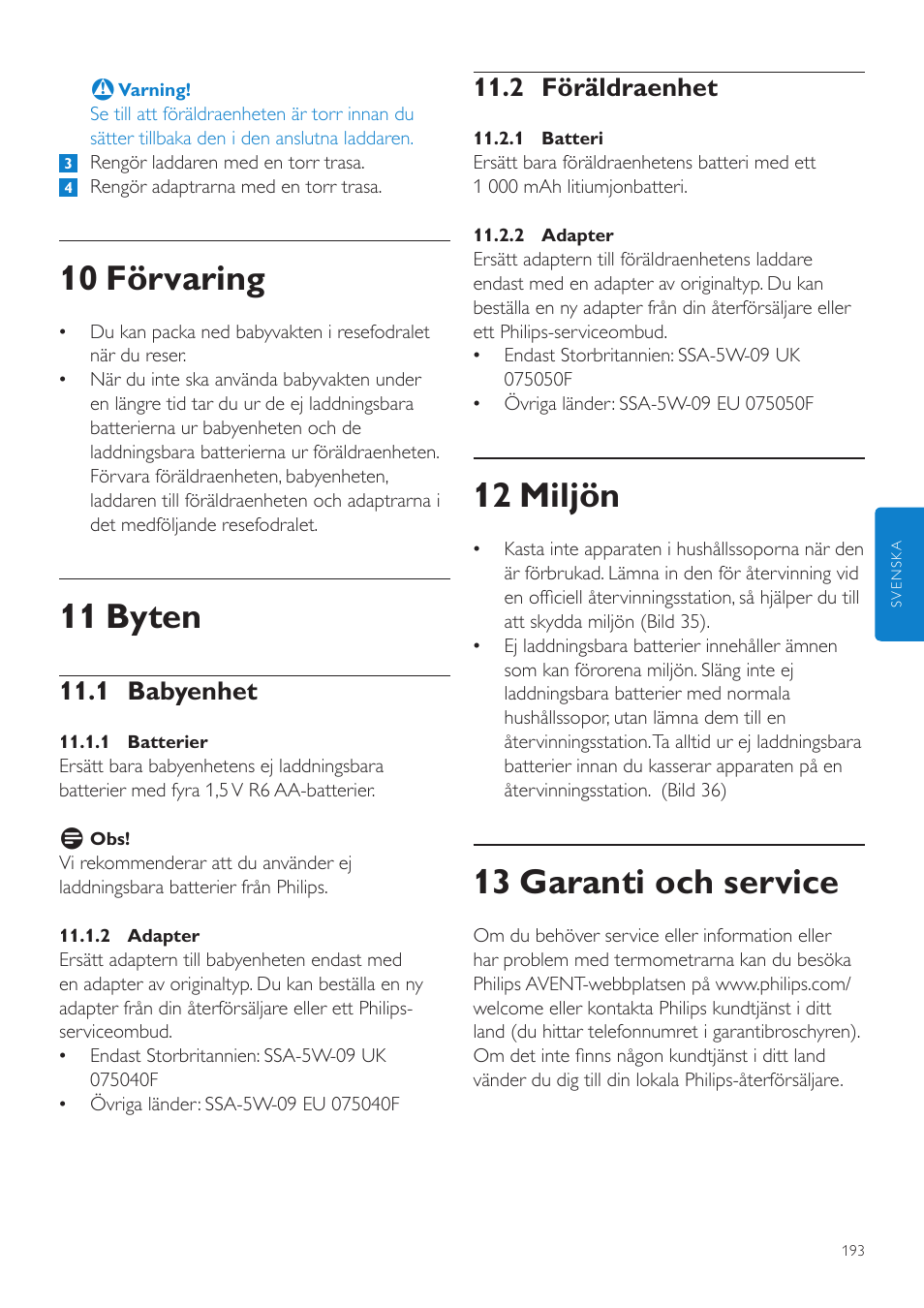 12 miljön, 13 garanti och service, 10 förvaring | 11 byten, 2 föräldraenhet, 1 babyenhet | Philips AVENT Vigilabebés DECT User Manual | Page 193 / 216
