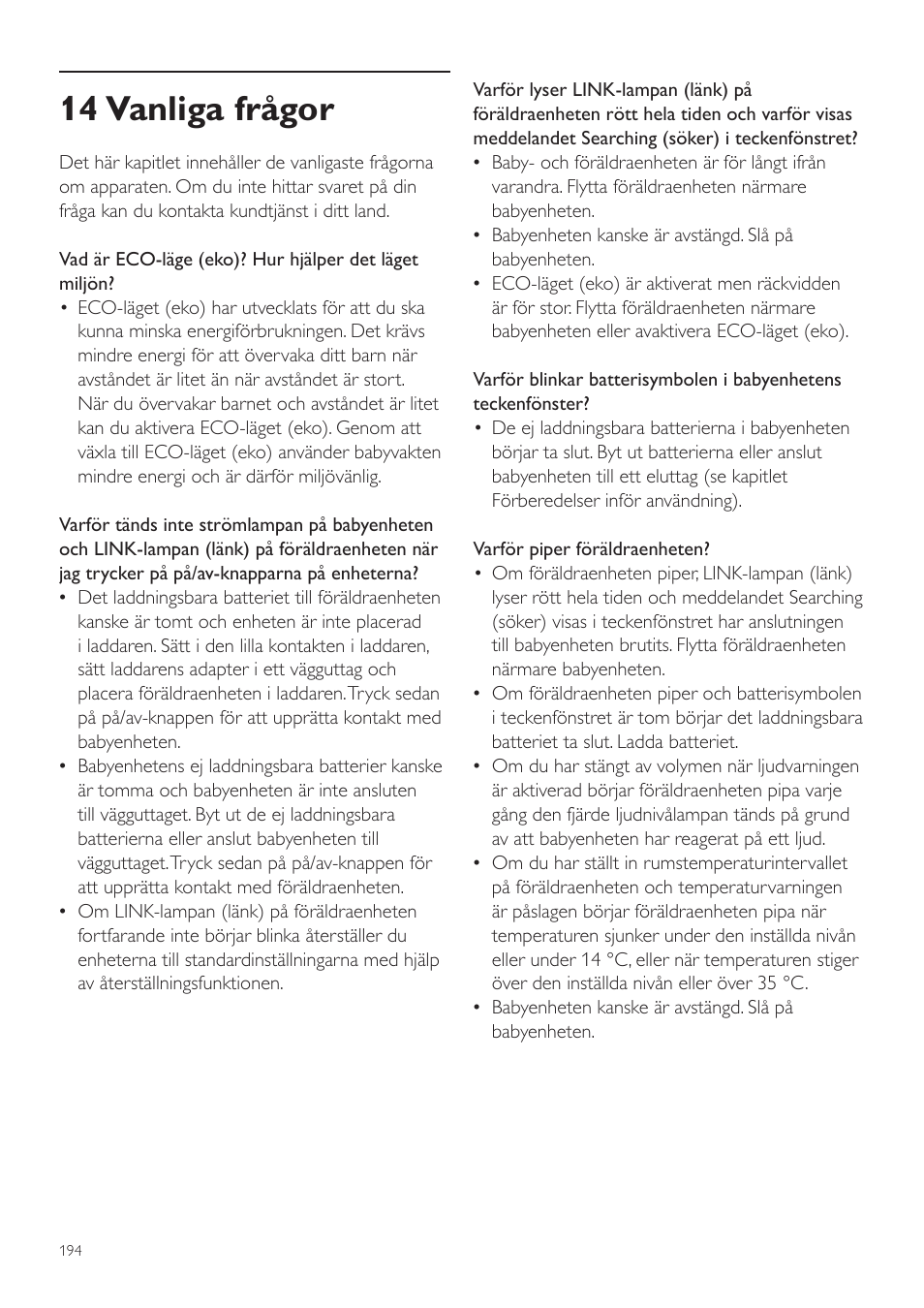 14 vanliga frågor | Philips AVENT Vigilabebés DECT User Manual | Page 194 / 216