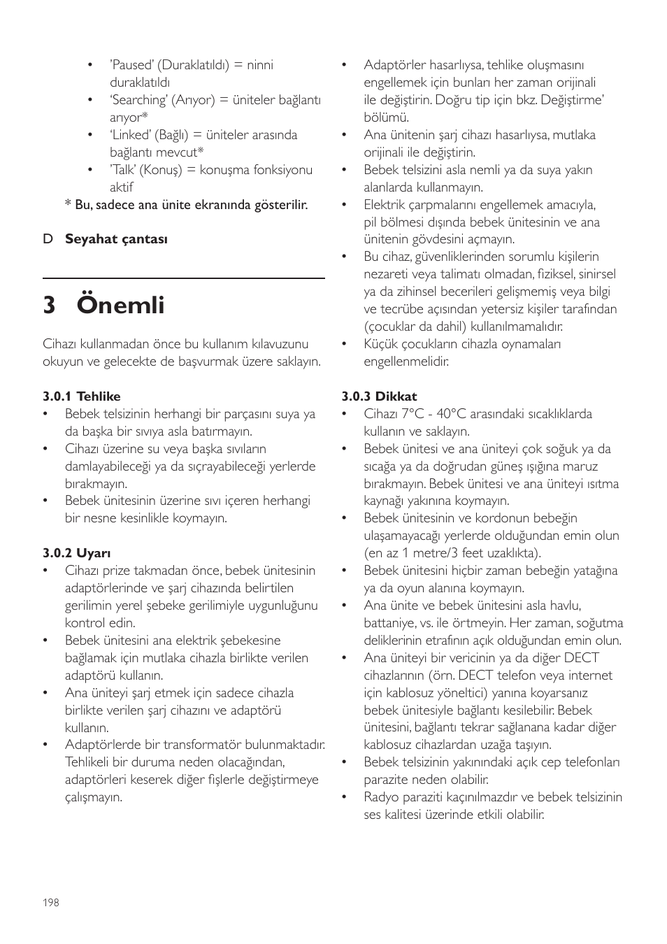 3 önemli | Philips AVENT Vigilabebés DECT User Manual | Page 198 / 216