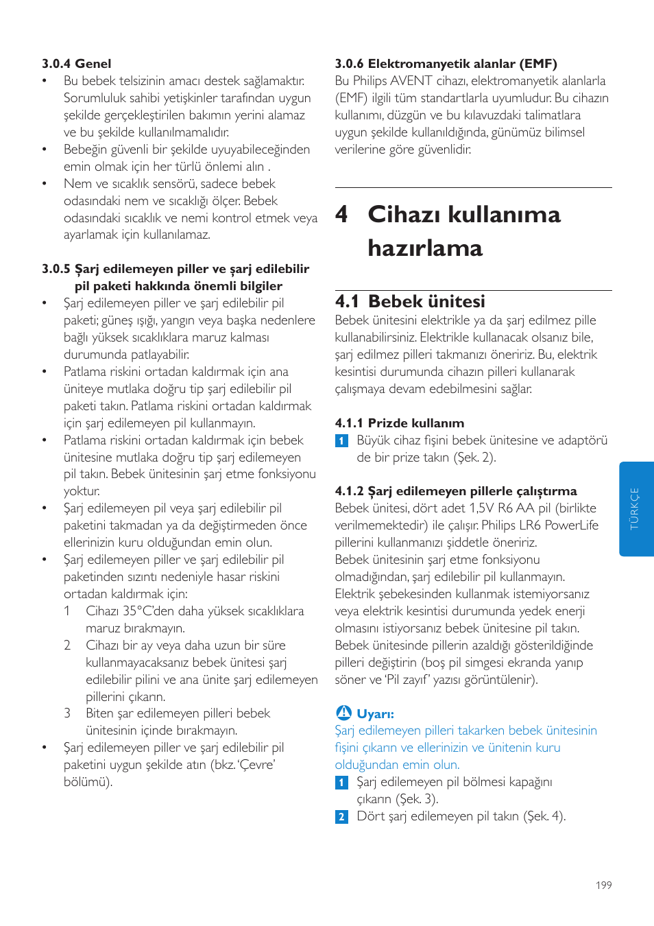 4 cihazı kullanıma hazırlama, 1 bebek ünitesi | Philips AVENT Vigilabebés DECT User Manual | Page 199 / 216