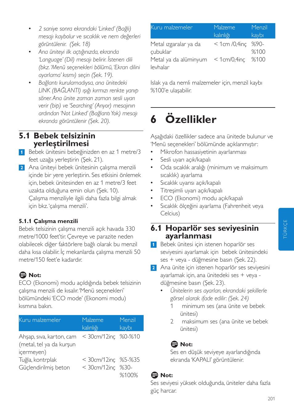 6 özellikler, 1 hoparlör ses seviyesinin ayarlanması, 1 bebek telsizinin yerleştirilmesi | Philips AVENT Vigilabebés DECT User Manual | Page 201 / 216